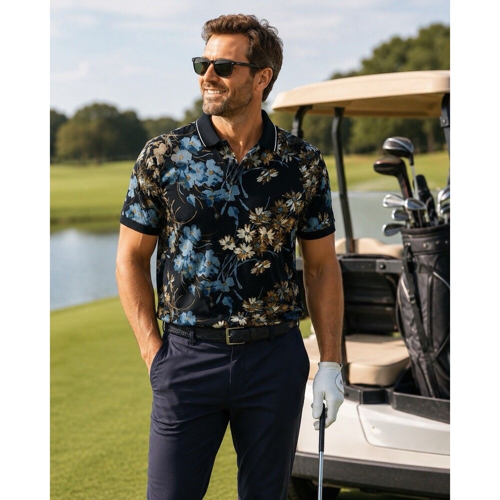 Perry Ellis Pima Cotton Blend Vine Print Short Sleeve Polo Shirt Size XL Golf
